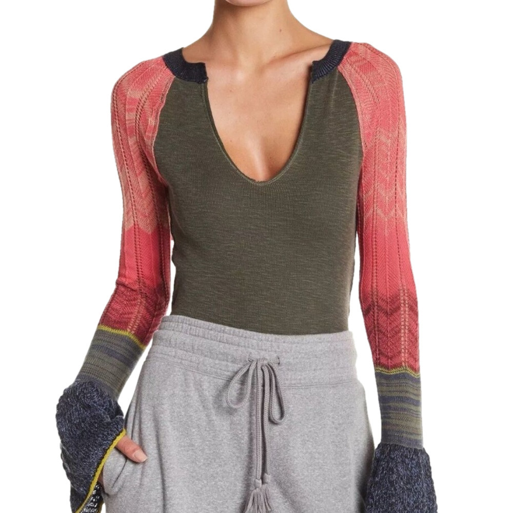 Free People Heathered Sunshine Thermal Cotton Shirt XS Moss Green